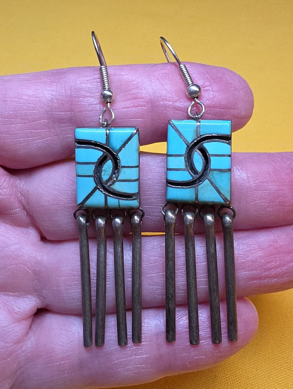 Vintage Zuni Pueblo Sterling Earrings-CC Hallmark-Turquoise "Hummingbird" Inlay